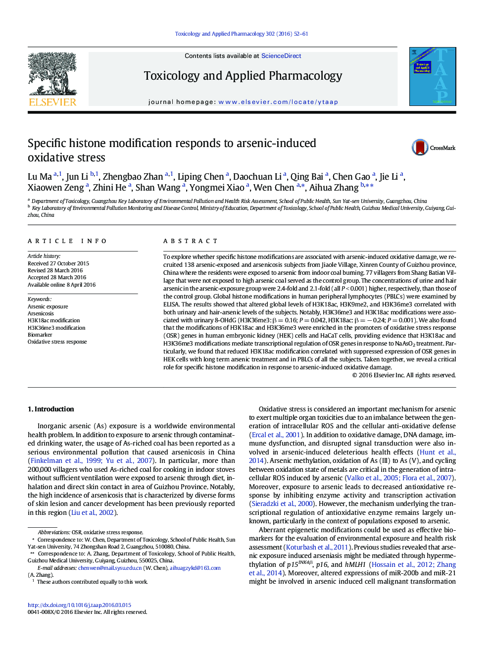 Specific histone modification responds to arsenic-induced oxidative stress