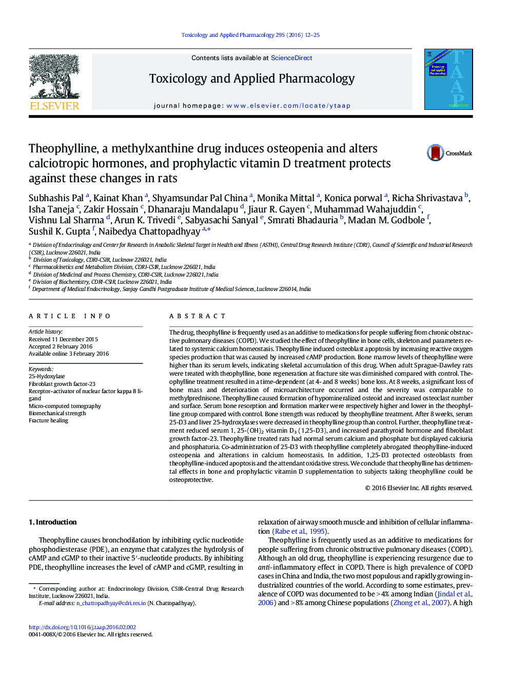 Theophylline, a methylxanthine drug induces osteopenia and alters calciotropic hormones, and prophylactic vitamin D treatment protects against these changes in rats