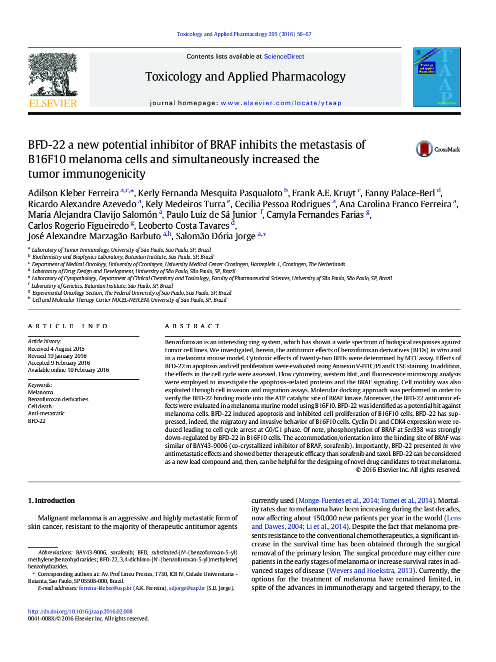 BFD-22 a new potential inhibitor of BRAF inhibits the metastasis of B16F10 melanoma cells and simultaneously increased the tumor immunogenicity