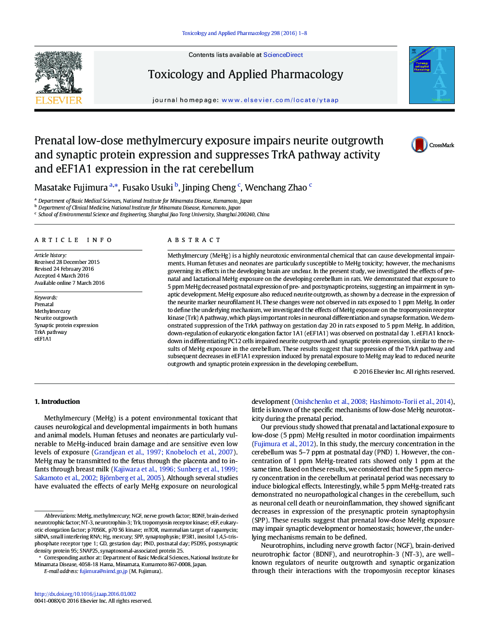 Prenatal low-dose methylmercury exposure impairs neurite outgrowth and synaptic protein expression and suppresses TrkA pathway activity and eEF1A1 expression in the rat cerebellum