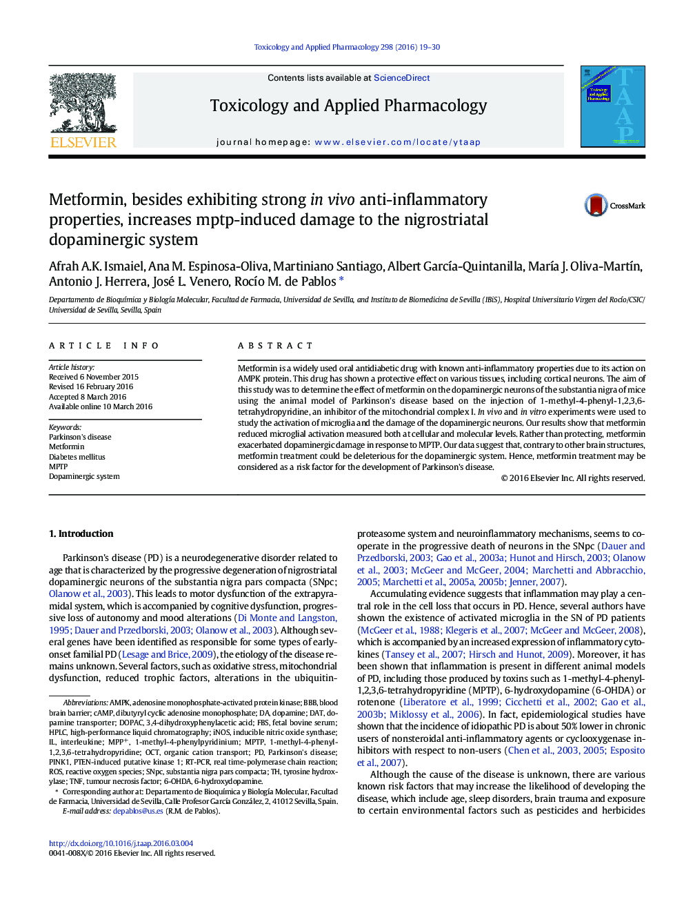 Metformin, besides exhibiting strong in vivo anti-inflammatory properties, increases mptp-induced damage to the nigrostriatal dopaminergic system