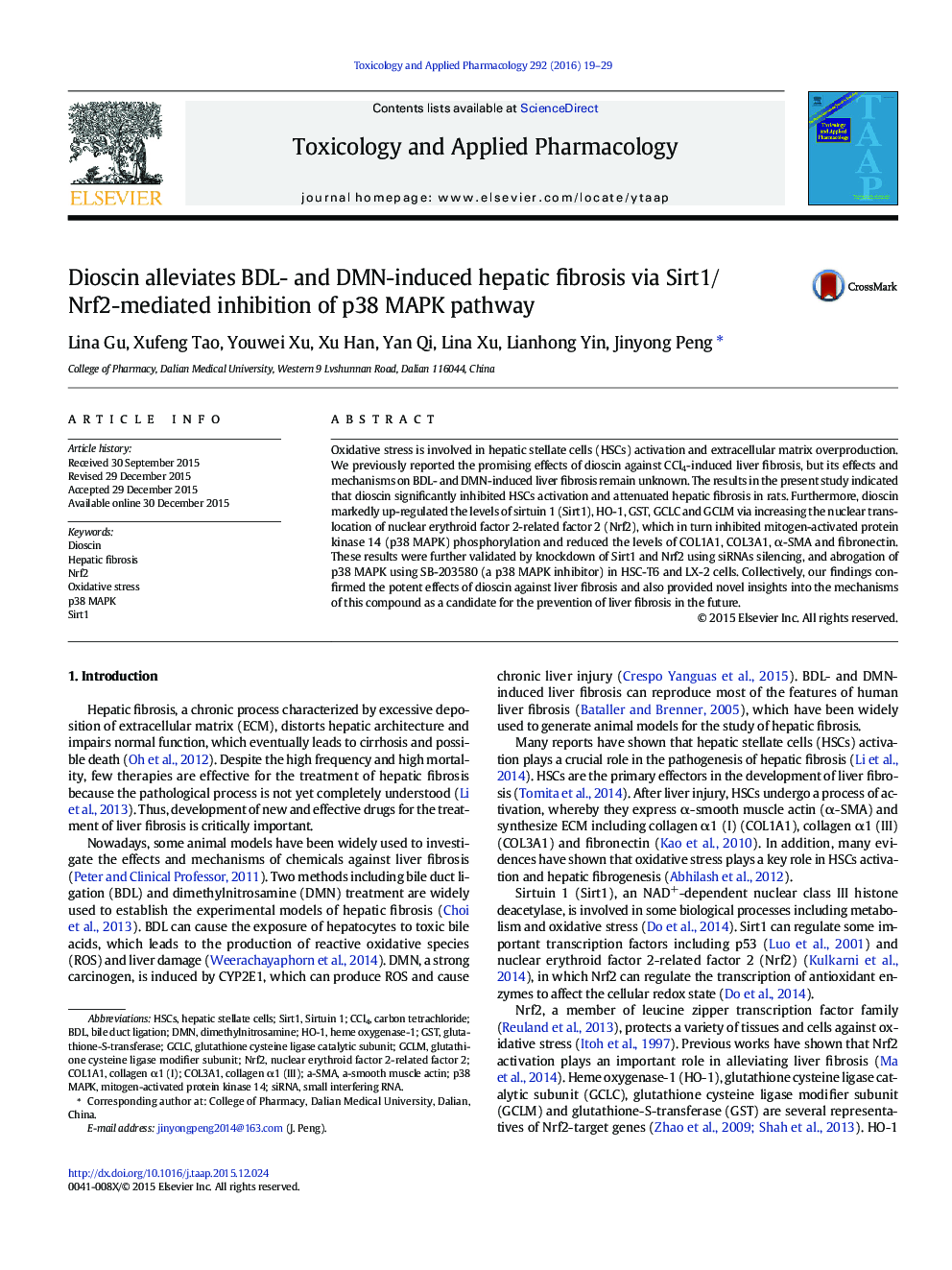 Dioscin alleviates BDL- and DMN-induced hepatic fibrosis via Sirt1/Nrf2-mediated inhibition of p38 MAPK pathway