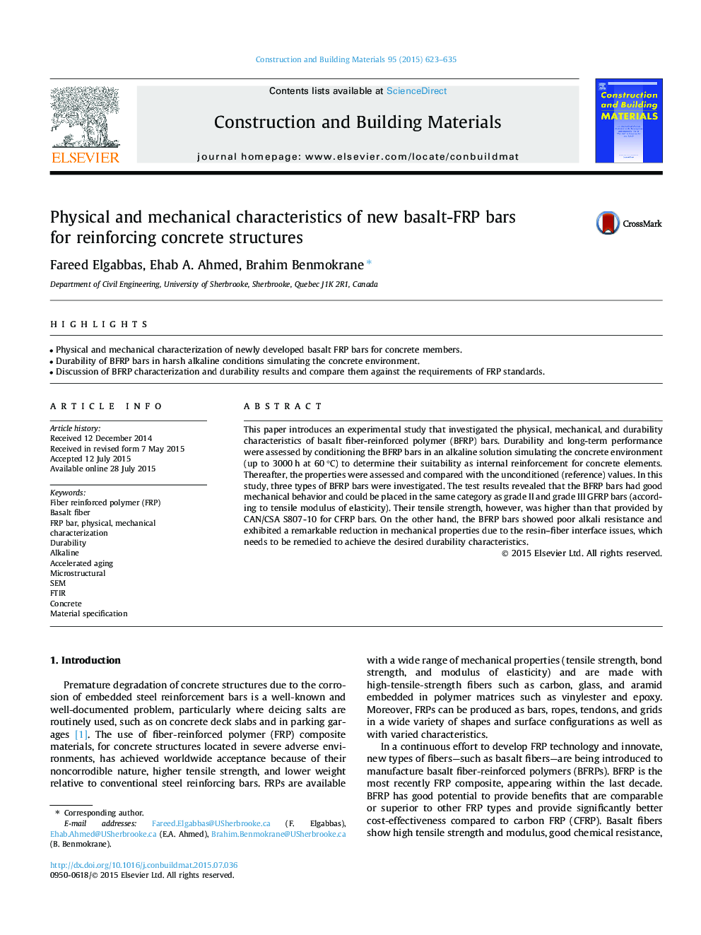 Physical and mechanical characteristics of new basalt-FRP bars for reinforcing concrete structures