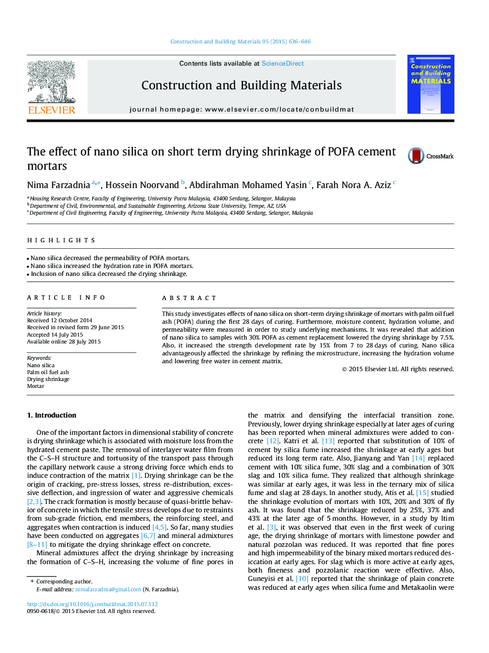 The effect of nano silica on short term drying shrinkage of POFA cement mortars