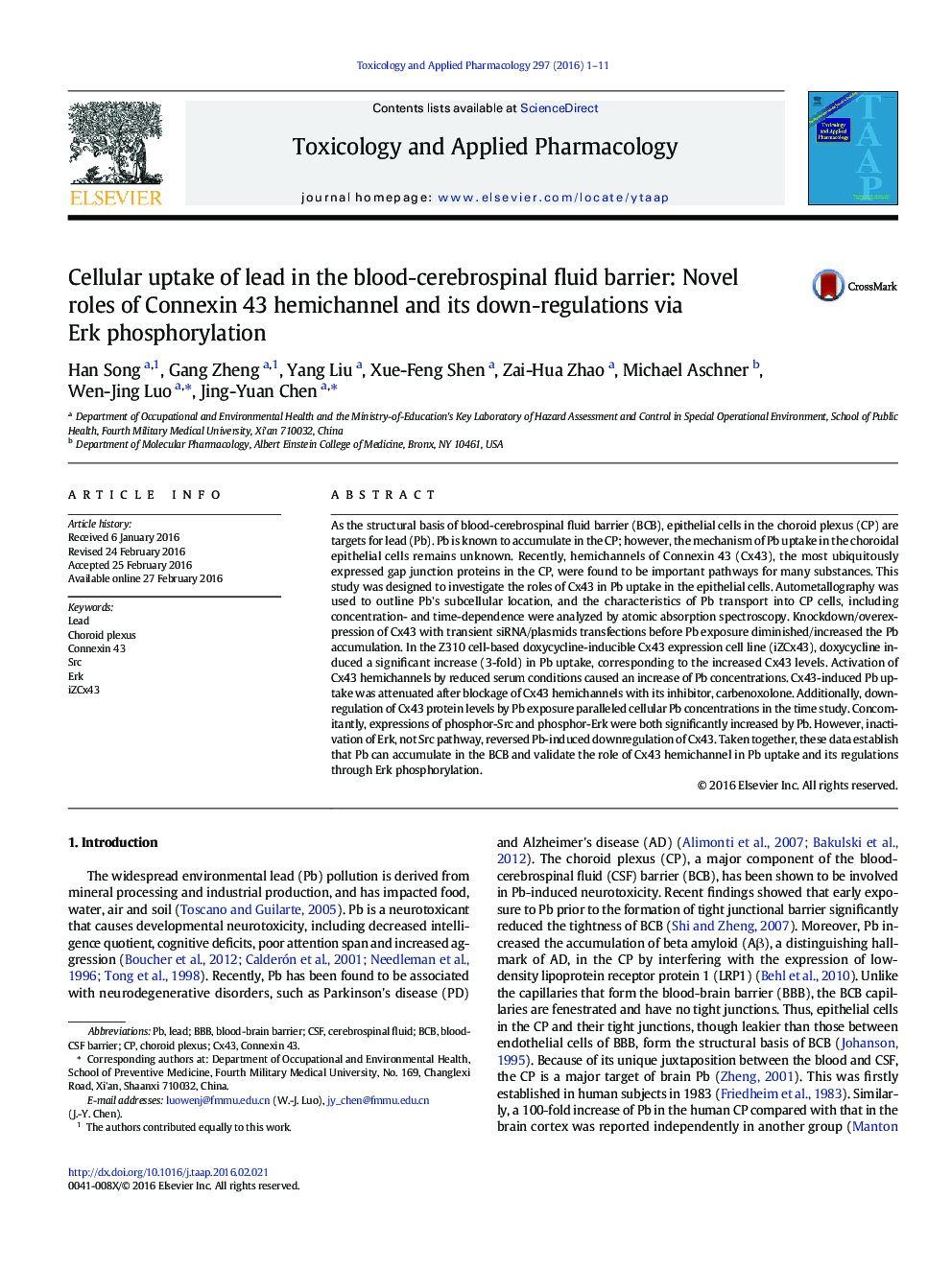 Cellular uptake of lead in the blood-cerebrospinal fluid barrier: Novel roles of Connexin 43 hemichannel and its down-regulations via Erk phosphorylation