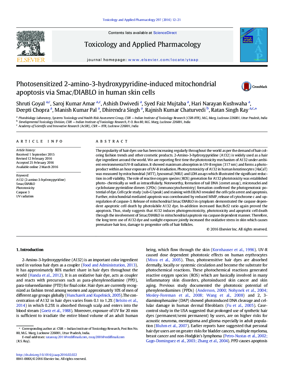 Photosensitized 2-amino-3-hydroxypyridine-induced mitochondrial apoptosis via Smac/DIABLO in human skin cells