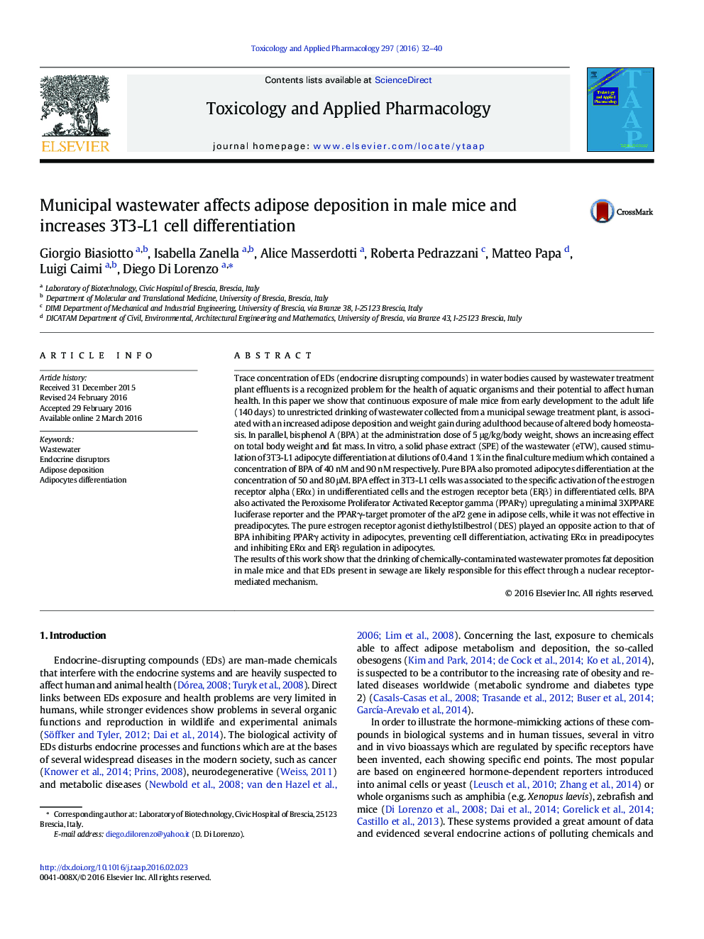 Municipal wastewater affects adipose deposition in male mice and increases 3T3-L1 cell differentiation