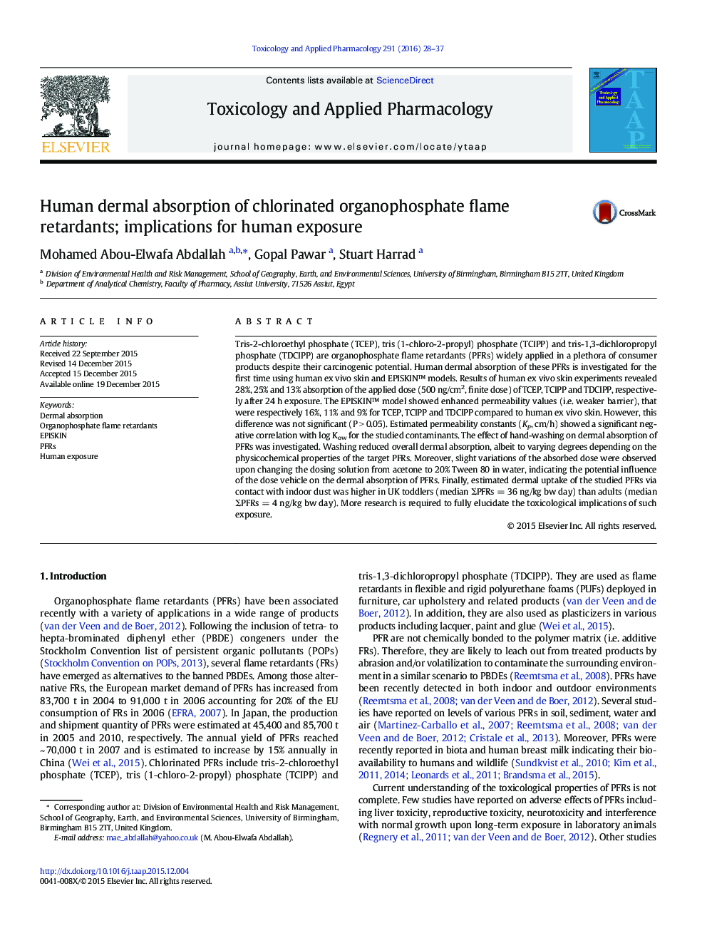 Human dermal absorption of chlorinated organophosphate flame retardants; implications for human exposure