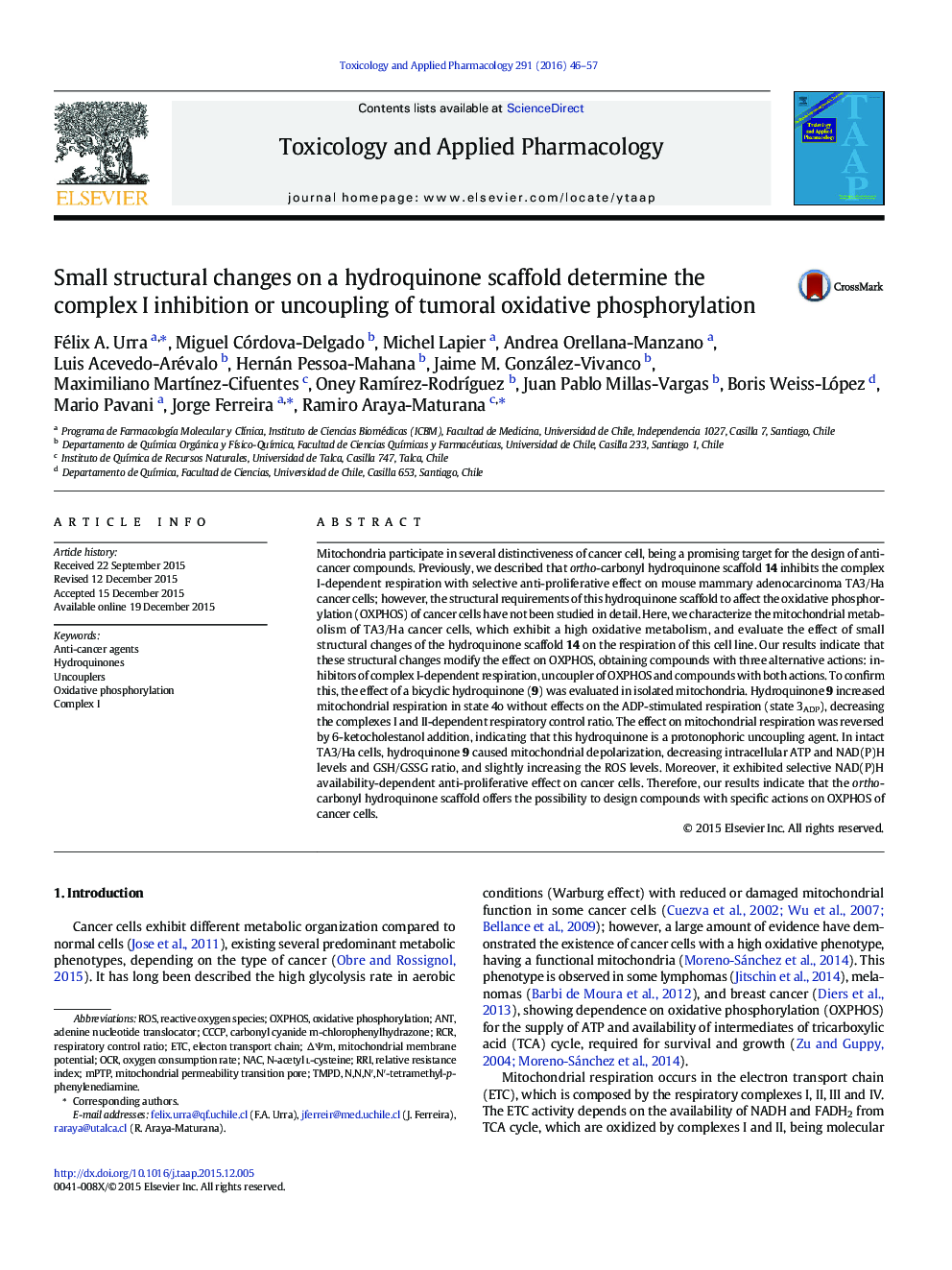 Small structural changes on a hydroquinone scaffold determine the complex I inhibition or uncoupling of tumoral oxidative phosphorylation