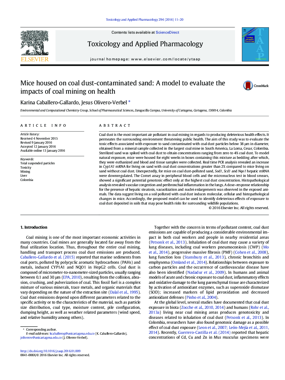 Mice housed on coal dust-contaminated sand: A model to evaluate the impacts of coal mining on health