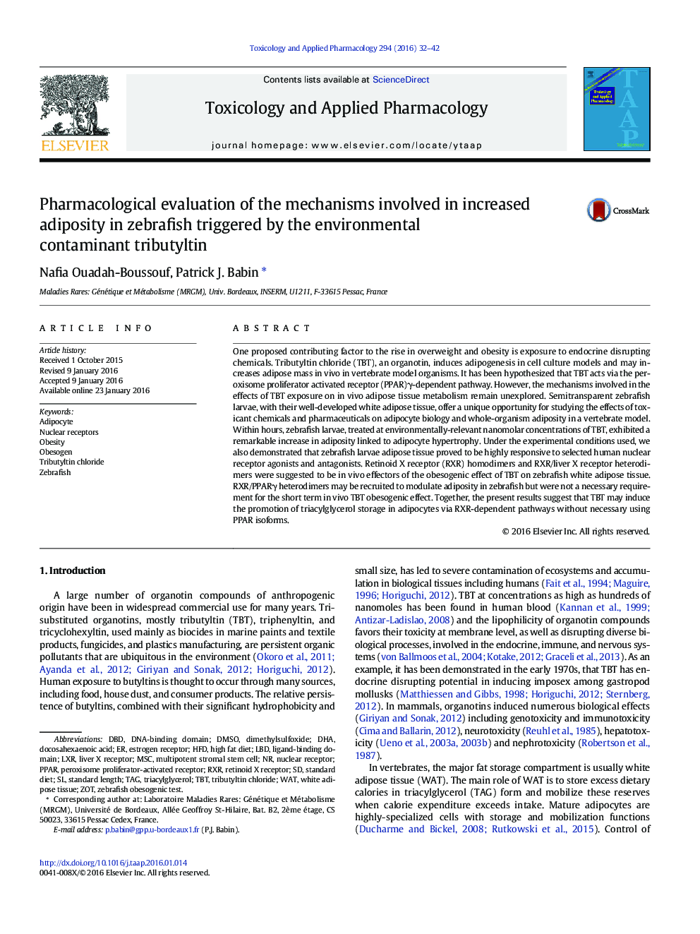 Pharmacological evaluation of the mechanisms involved in increased adiposity in zebrafish triggered by the environmental contaminant tributyltin