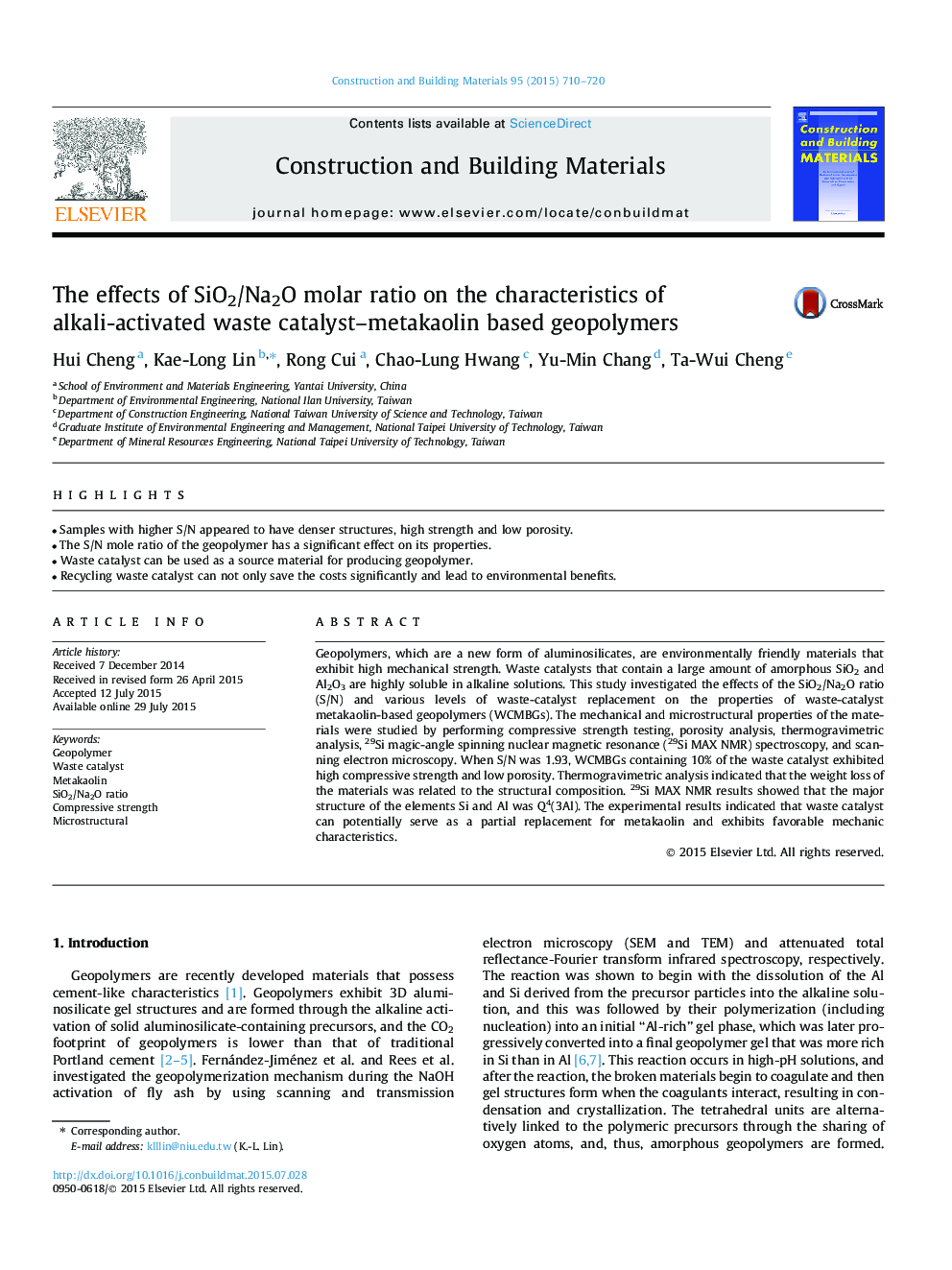 The effects of SiO2/Na2O molar ratio on the characteristics of alkali-activated waste catalyst–metakaolin based geopolymers