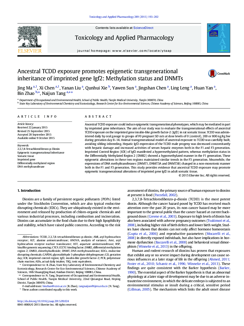 Ancestral TCDD exposure promotes epigenetic transgenerational inheritance of imprinted gene Igf2: Methylation status and DNMTs