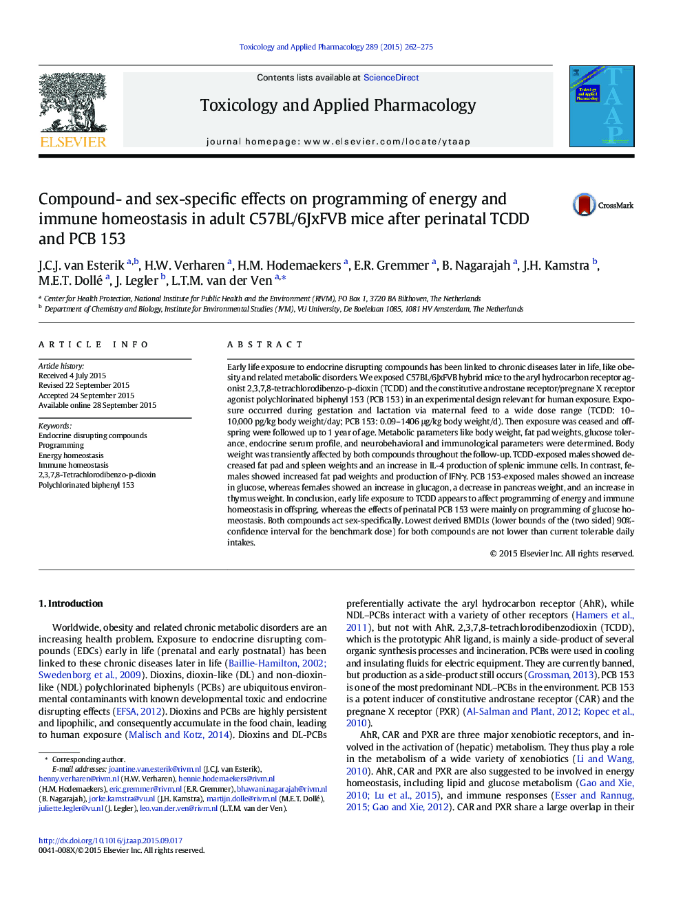 Compound- and sex-specific effects on programming of energy and immune homeostasis in adult C57BL/6JxFVB mice after perinatal TCDD and PCB 153