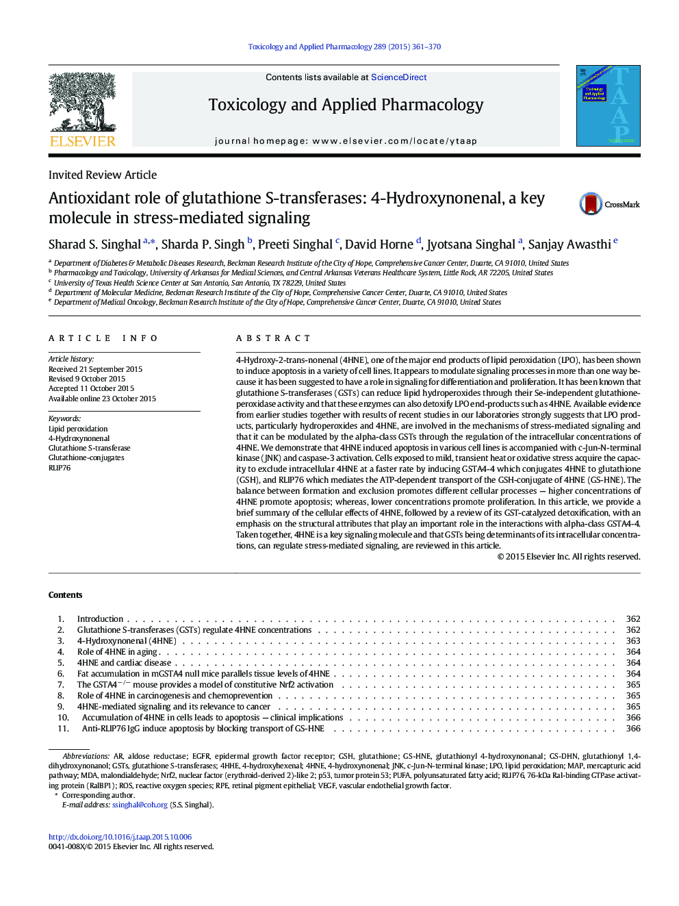 Antioxidant role of glutathione S-transferases: 4-Hydroxynonenal, a key molecule in stress-mediated signaling