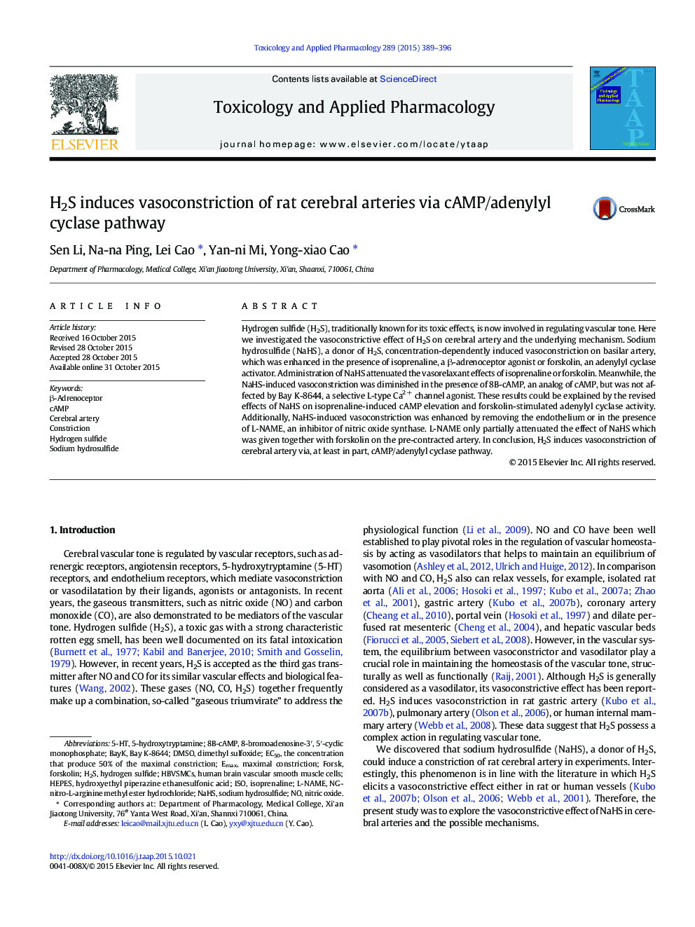 H2S induces vasoconstriction of rat cerebral arteries via cAMP/adenylyl cyclase pathway