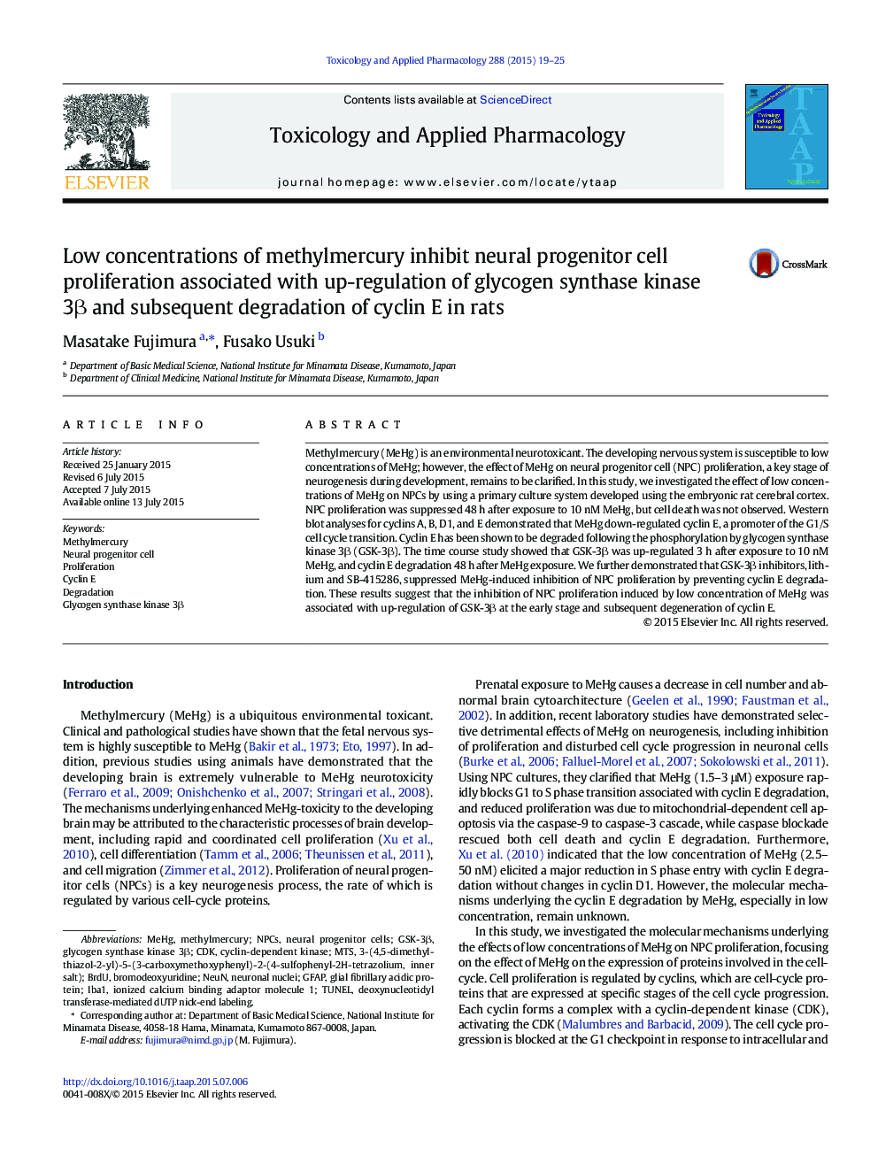 Low concentrations of methylmercury inhibit neural progenitor cell proliferation associated with up-regulation of glycogen synthase kinase 3β and subsequent degradation of cyclin E in rats