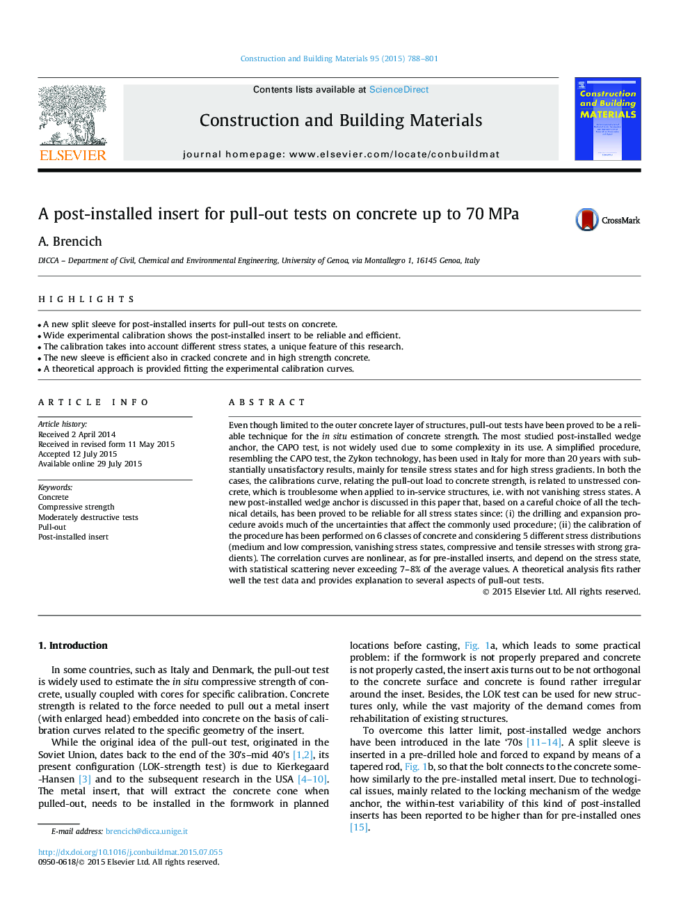 A post-installed insert for pull-out tests on concrete up to 70 MPa