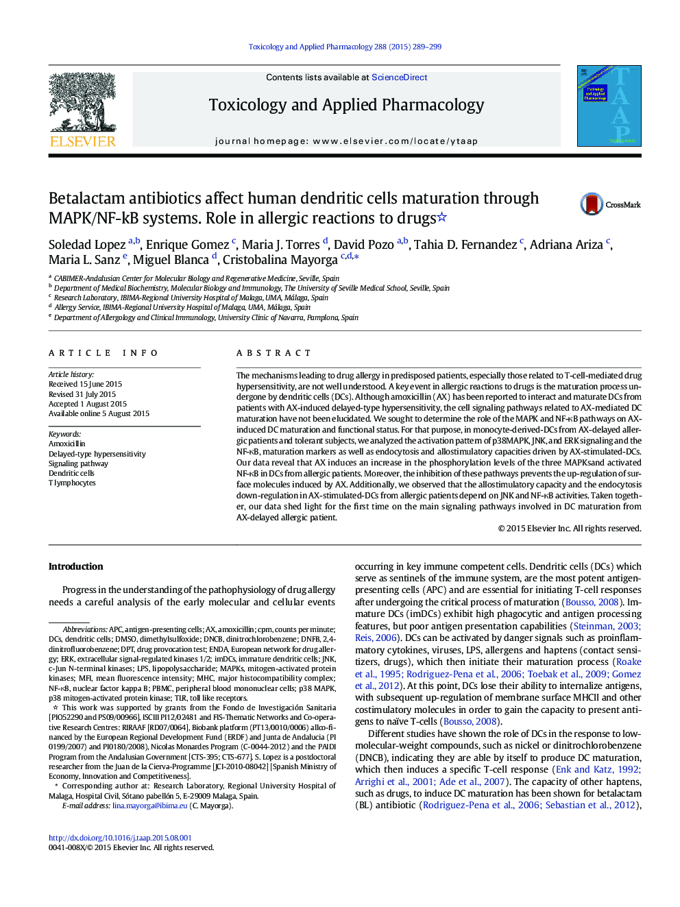 Betalactam antibiotics affect human dendritic cells maturation through MAPK/NF-kB systems. Role in allergic reactions to drugs 