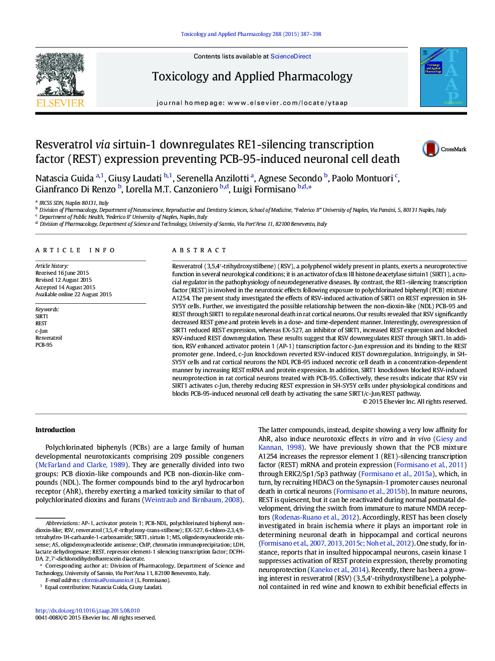 Resveratrol via sirtuin-1 downregulates RE1-silencing transcription factor (REST) expression preventing PCB-95-induced neuronal cell death