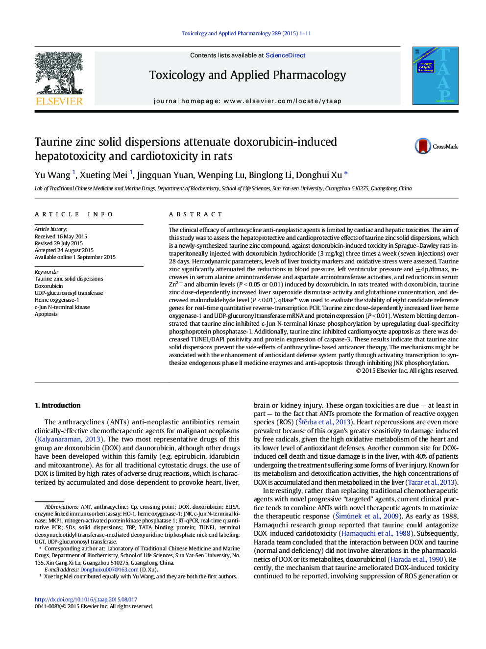 Taurine zinc solid dispersions attenuate doxorubicin-induced hepatotoxicity and cardiotoxicity in rats