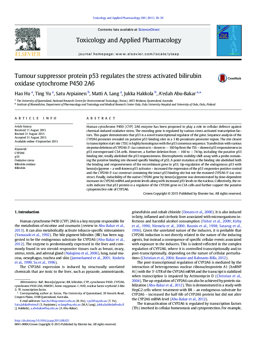 Tumour suppressor protein p53 regulates the stress activated bilirubin oxidase cytochrome P450 2A6