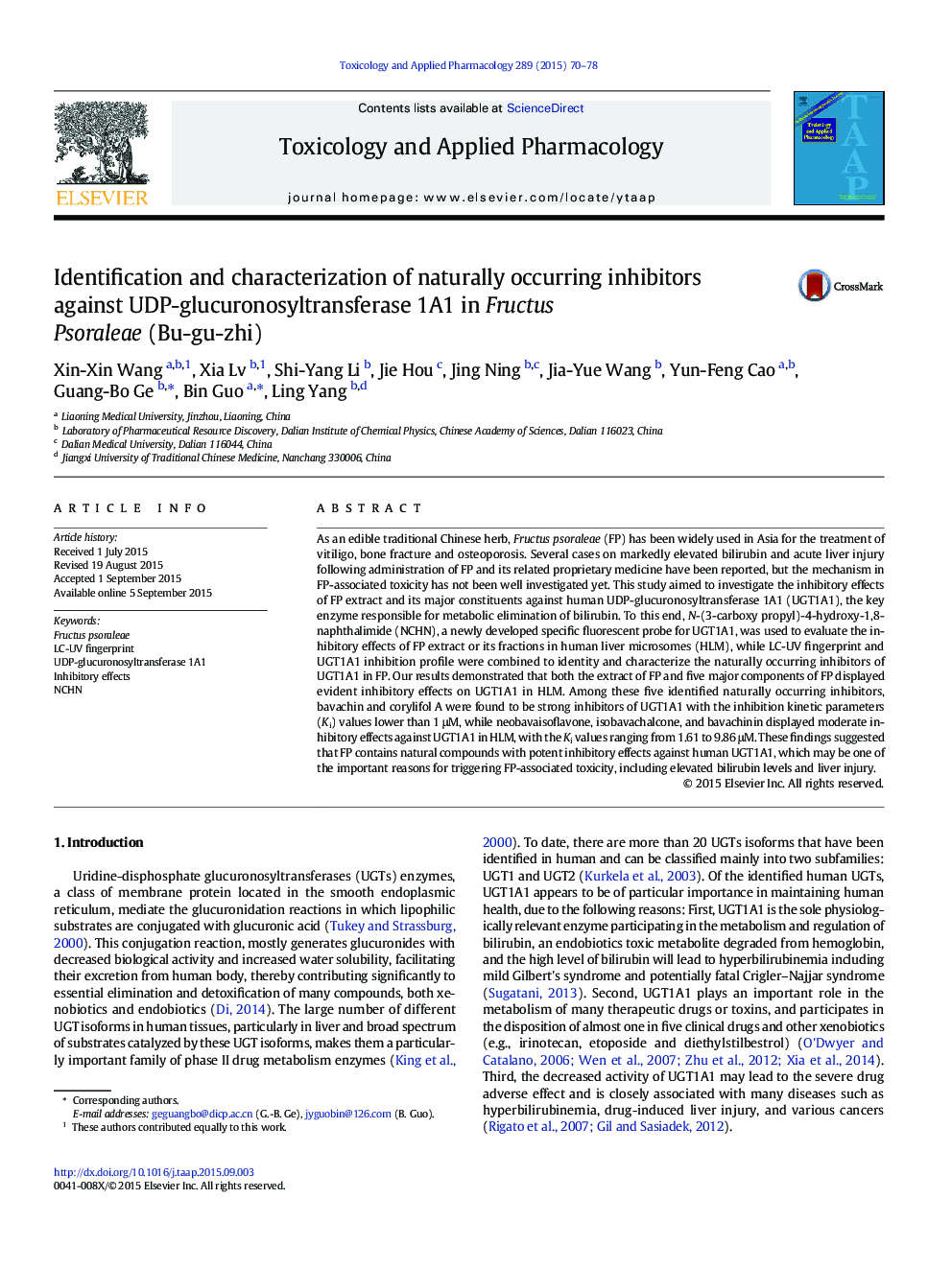 Identification and characterization of naturally occurring inhibitors against UDP-glucuronosyltransferase 1A1 in Fructus Psoraleae (Bu-gu-zhi)