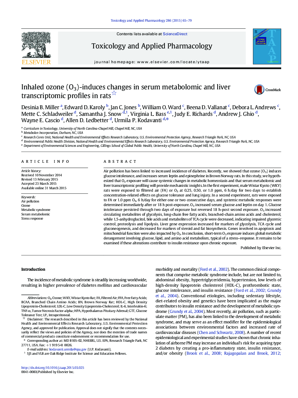 Inhaled ozone (O3)-induces changes in serum metabolomic and liver transcriptomic profiles in rats 