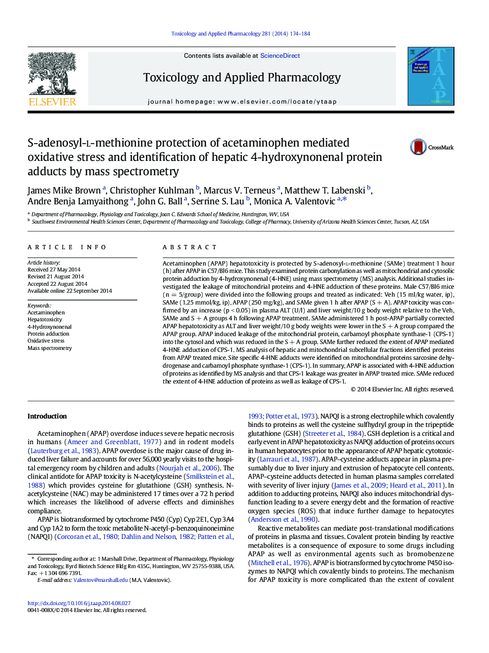 S-adenosyl-l-methionine protection of acetaminophen mediated oxidative stress and identification of hepatic 4-hydroxynonenal protein adducts by mass spectrometry