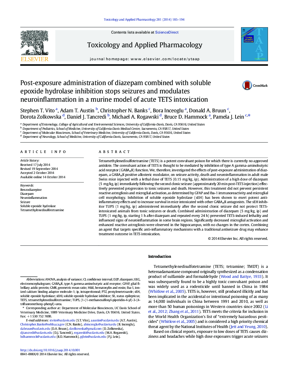 عکس صفحه اول مقاله: Post-exposure administration of diazepam combined with soluble epoxide hydrolase inhibition stops seizures and modulates neuroinflammation in a murine model of acute TETS intoxication Post-exposure administration of diazepam combined with soluble epoxide hydrolase inhibition stops seizures and modulates neuroinflammation in a murine model of acute TETS intoxication