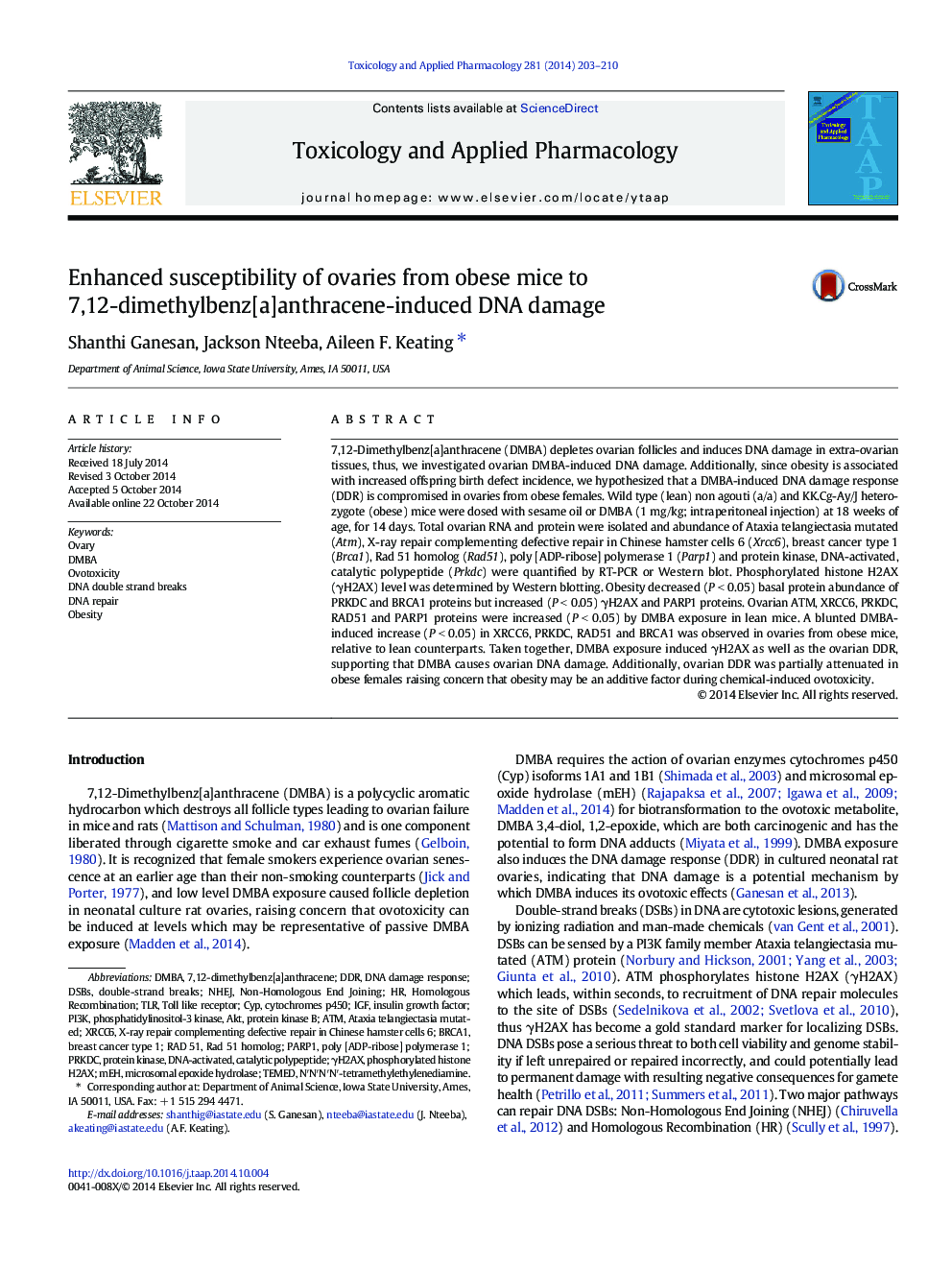 Enhanced susceptibility of ovaries from obese mice to 7,12-dimethylbenz[a]anthracene-induced DNA damage