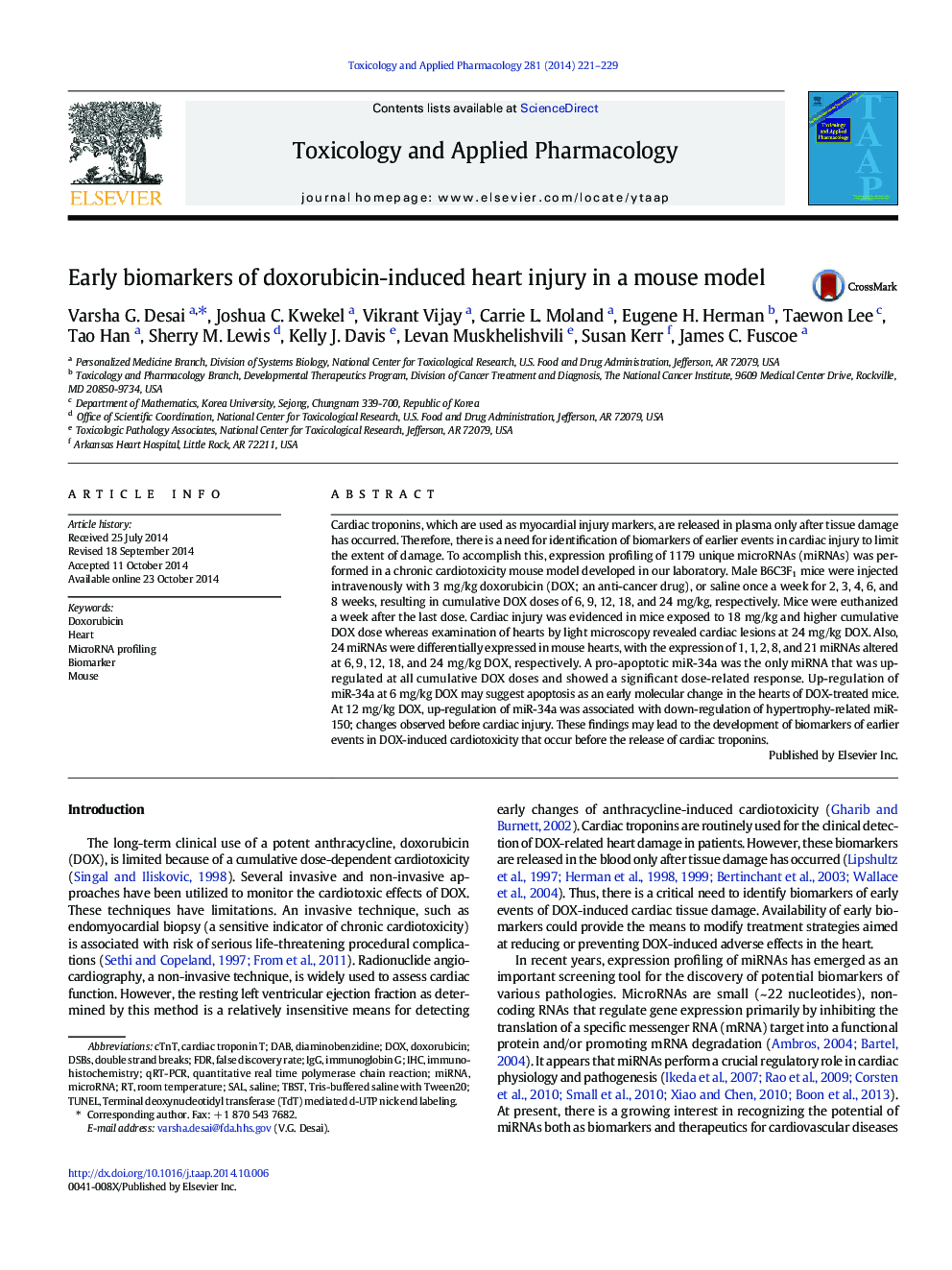 Early biomarkers of doxorubicin-induced heart injury in a mouse model