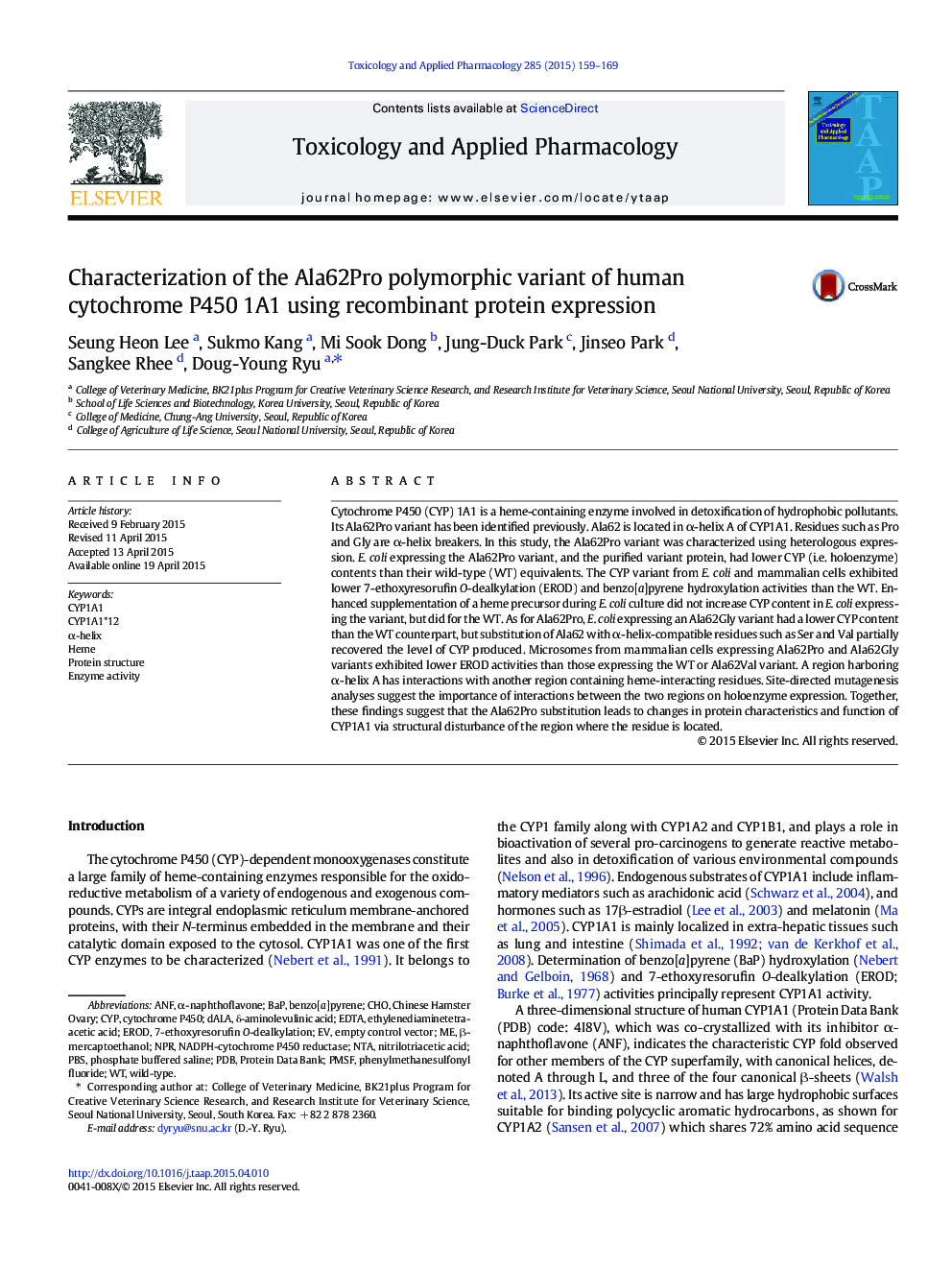 Characterization of the Ala62Pro polymorphic variant of human cytochrome P450 1A1 using recombinant protein expression