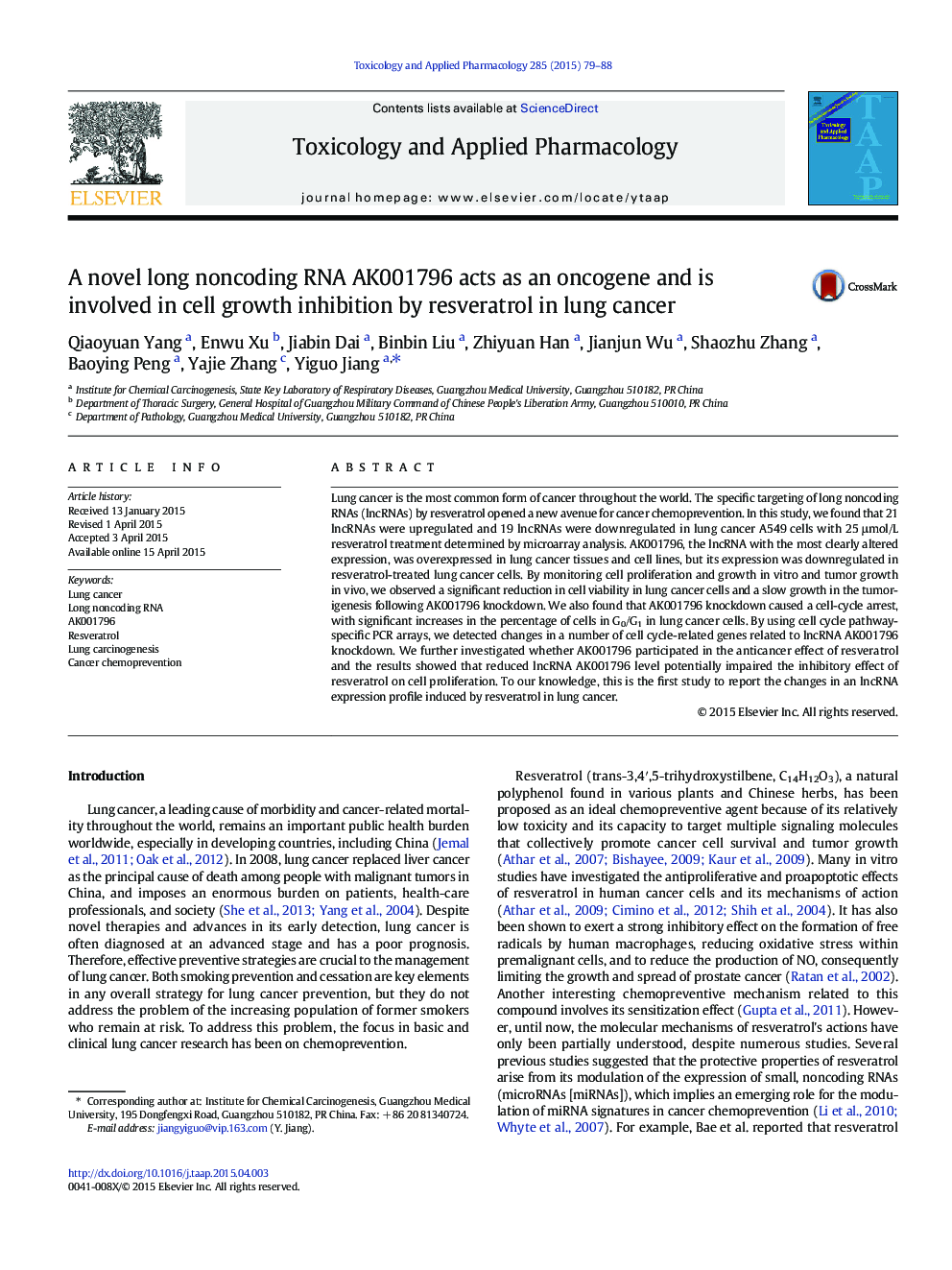 A novel long noncoding RNA AK001796 acts as an oncogene and is involved in cell growth inhibition by resveratrol in lung cancer