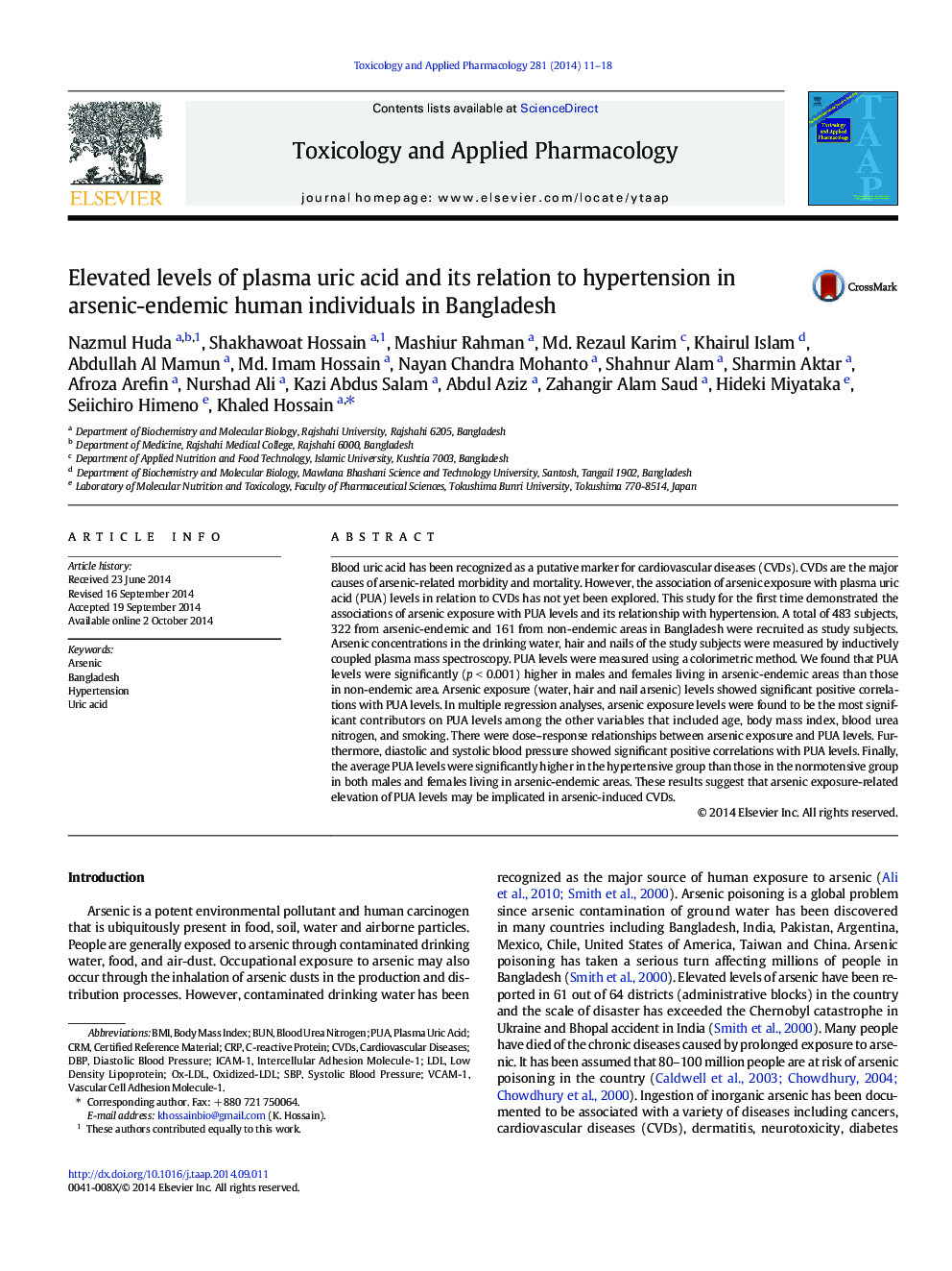 Elevated levels of plasma uric acid and its relation to hypertension in arsenic-endemic human individuals in Bangladesh