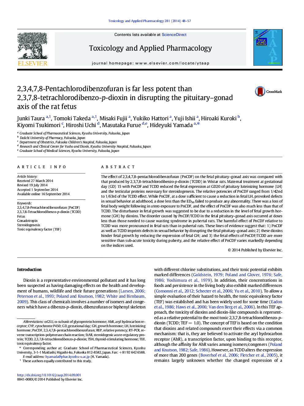 عکس صفحه اول مقاله: 2,3,4,7,8-Pentachlorodibenzofuran is far less potent than 2,3,7,8-tetrachlorodibenzo-p-dioxin in disrupting the pituitary–gonad axis of the rat fetus 2,3,4,7,8-Pentachlorodibenzofuran is far less potent than 2,3,7,8-tetrachlorodibenzo-p-dioxin in disrupting the pituitary–gonad axis of the rat fetus