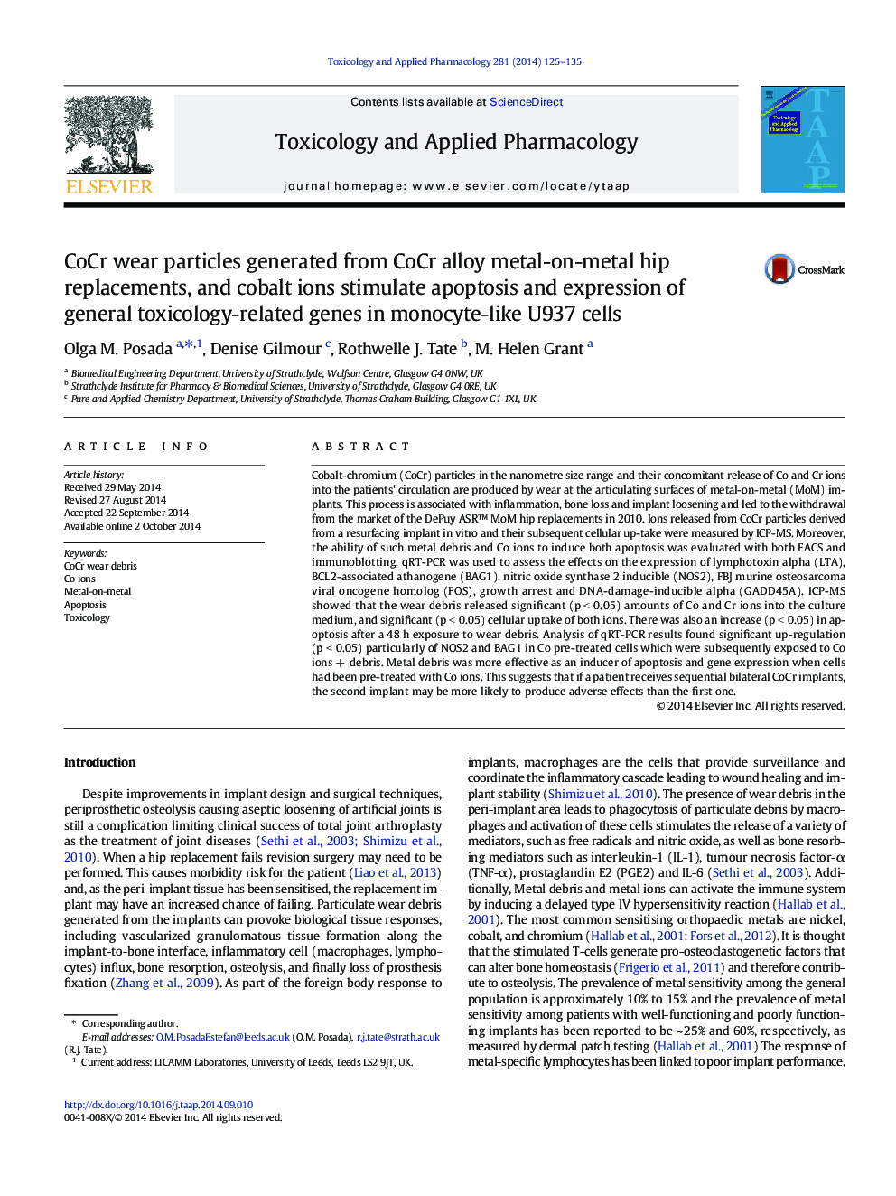 CoCr wear particles generated from CoCr alloy metal-on-metal hip replacements, and cobalt ions stimulate apoptosis and expression of general toxicology-related genes in monocyte-like U937 cells