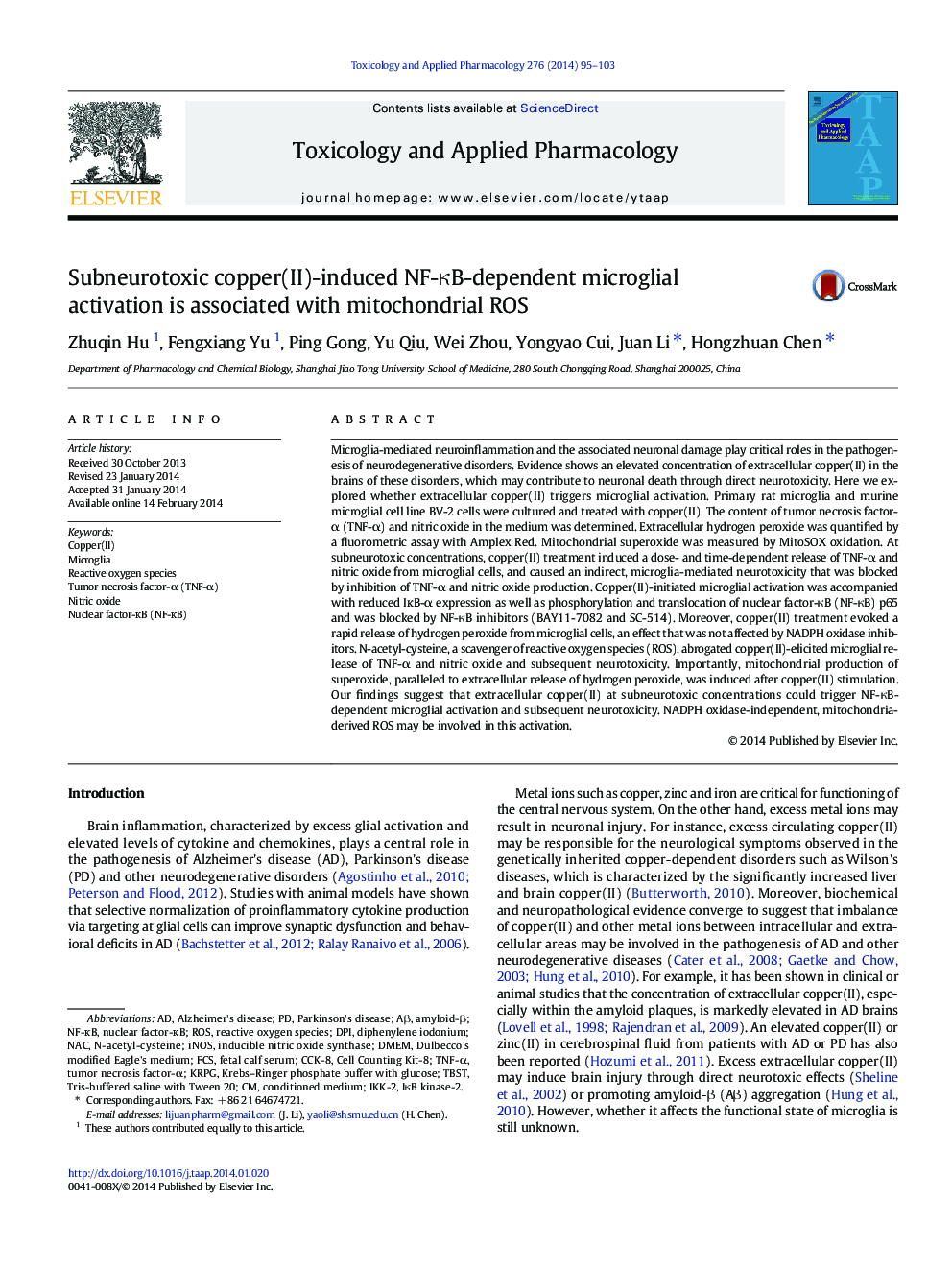 Subneurotoxic copper(II)-induced NF-κB-dependent microglial activation is associated with mitochondrial ROS