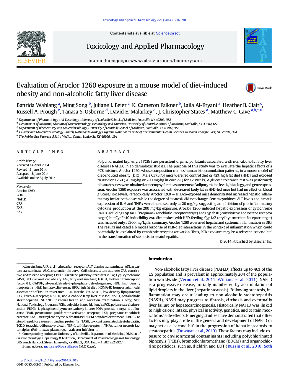 Evaluation of Aroclor 1260 exposure in a mouse model of diet-induced obesity and non-alcoholic fatty liver disease