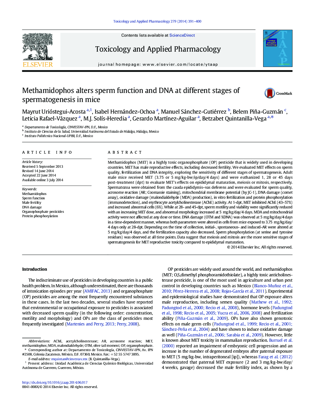 Methamidophos alters sperm function and DNA at different stages of spermatogenesis in mice