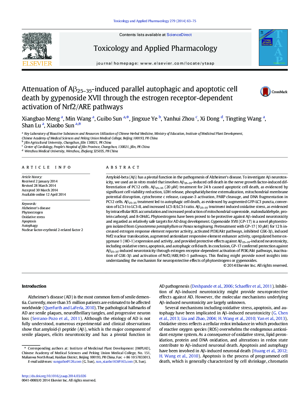 Attenuation of Aβ25–35-induced parallel autophagic and apoptotic cell death by gypenoside XVII through the estrogen receptor-dependent activation of Nrf2/ARE pathways