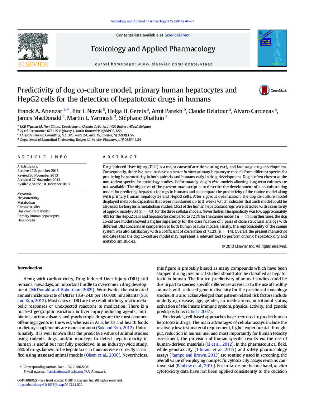 Predictivity of dog co-culture model, primary human hepatocytes and HepG2 cells for the detection of hepatotoxic drugs in humans