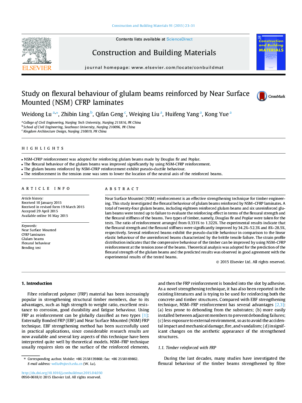 Study on flexural behaviour of glulam beams reinforced by Near Surface Mounted (NSM) CFRP laminates