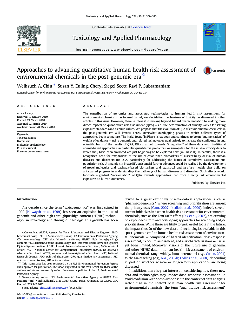 Approaches to advancing quantitative human health risk assessment of environmental chemicals in the post-genomic era 