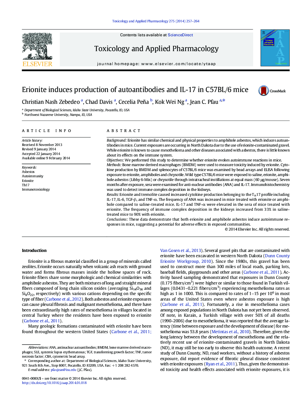 Erionite induces production of autoantibodies and IL-17 in C57BL/6 mice