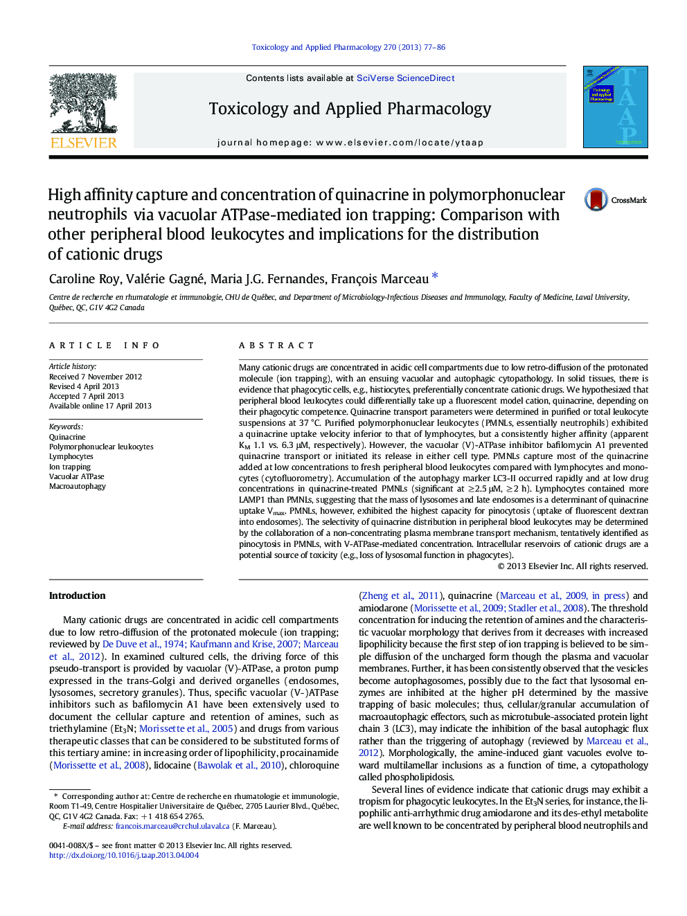 High affinity capture and concentration of quinacrine in polymorphonuclear neutrophils via vacuolar ATPase-mediated ion trapping: Comparison with other peripheral blood leukocytes and implications for the distribution of cationic drugs