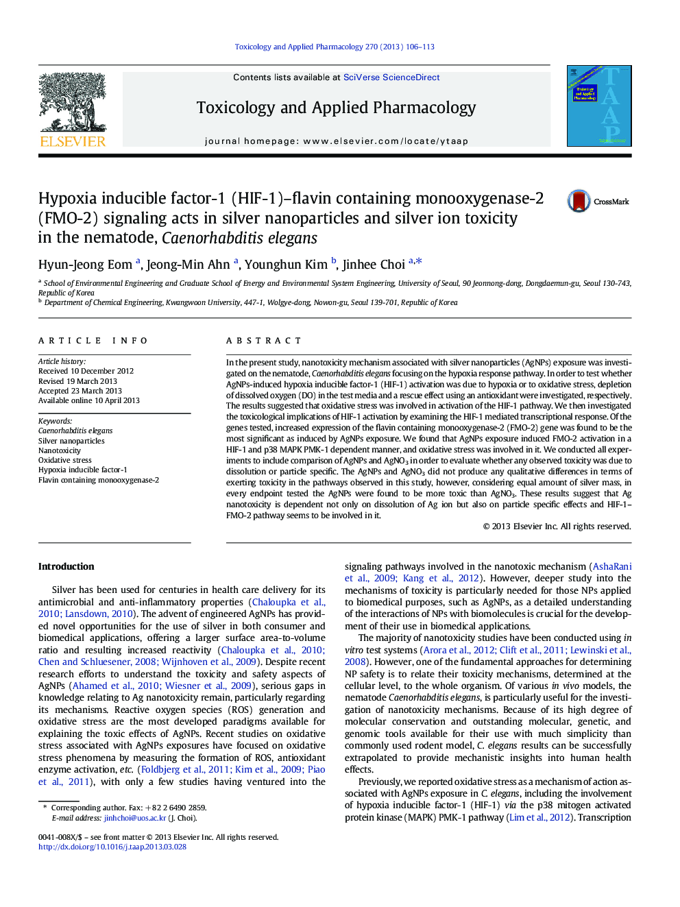 Hypoxia inducible factor-1 (HIF-1)–flavin containing monooxygenase-2 (FMO-2) signaling acts in silver nanoparticles and silver ion toxicity in the nematode, Caenorhabditis elegans