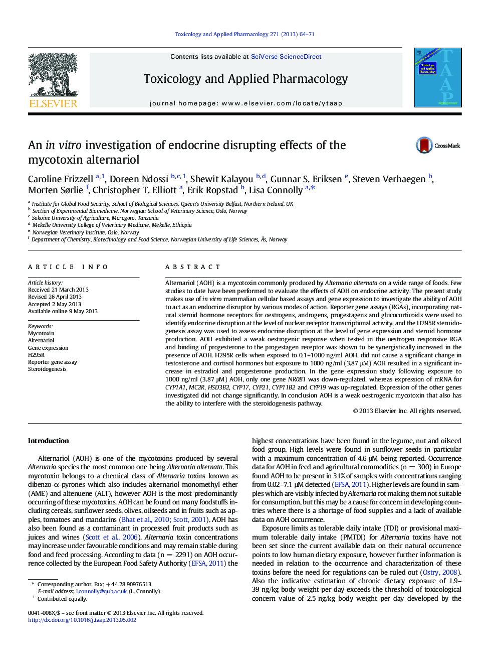 An in vitro investigation of endocrine disrupting effects of the mycotoxin alternariol