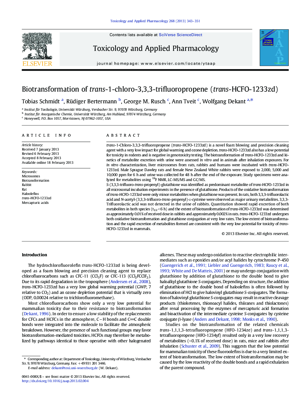 Biotransformation of trans-1-chloro-3,3,3-trifluoropropene (trans-HCFO-1233zd)