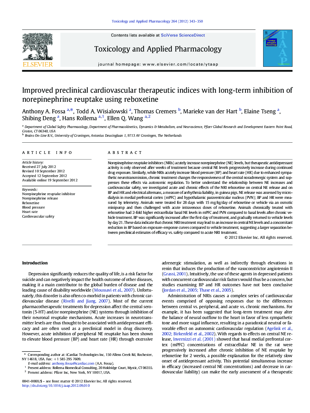 Improved preclinical cardiovascular therapeutic indices with long-term inhibition of norepinephrine reuptake using reboxetine